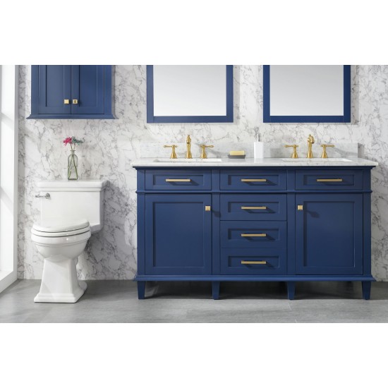 60" Blue Finish Double Sink Vanity Cabinet With Carrara White Top