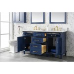 60" Blue Finish Double Sink Vanity Cabinet With Carrara White Top