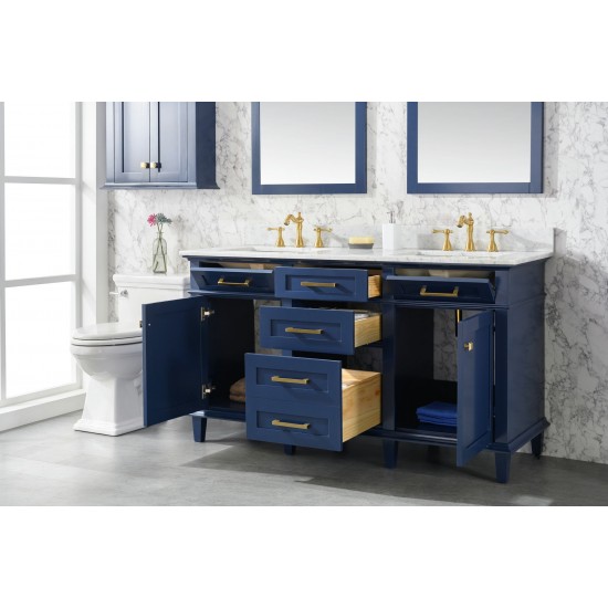 60" Blue Finish Double Sink Vanity Cabinet With Carrara White Top