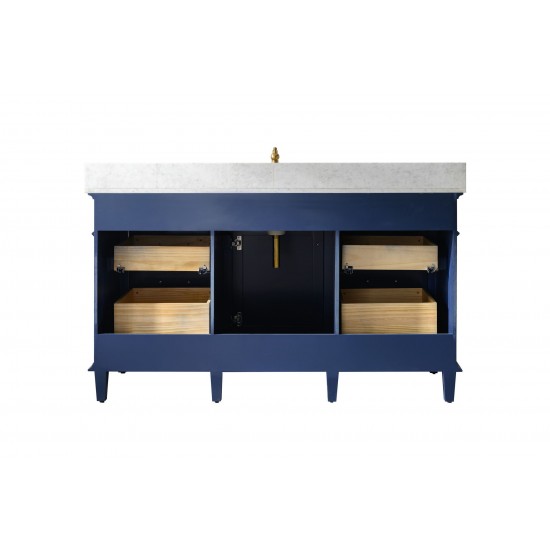 60" Blue Finish Single Sink Vanity Cabinet With Carrara White Top