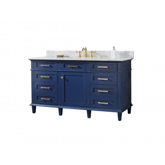 60" Blue Finish Single Sink Vanity Cabinet With Carrara White Top