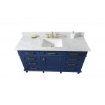 60" Blue Finish Single Sink Vanity Cabinet With Carrara White Top