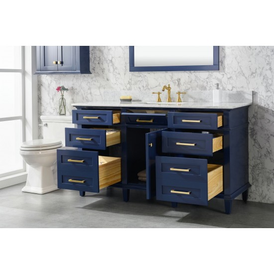 60" Blue Finish Single Sink Vanity Cabinet With Carrara White Top