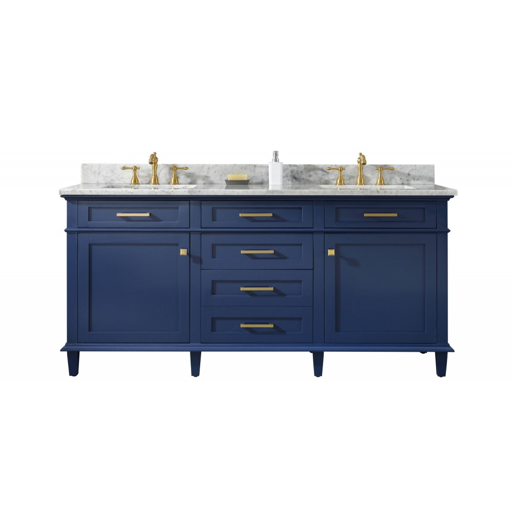 72" Blue Double Single Sink Vanity Cabinet With Carrara White Top