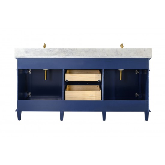 72" Blue Double Single Sink Vanity Cabinet With Carrara White Top