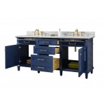 72" Blue Double Single Sink Vanity Cabinet With Carrara White Top