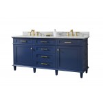 72" Blue Double Single Sink Vanity Cabinet With Carrara White Top