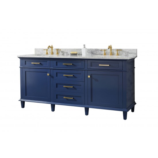 72" Blue Double Single Sink Vanity Cabinet With Carrara White Top