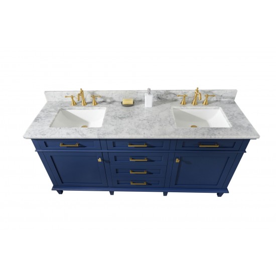 72" Blue Double Single Sink Vanity Cabinet With Carrara White Top