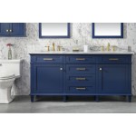 72" Blue Double Single Sink Vanity Cabinet With Carrara White Top