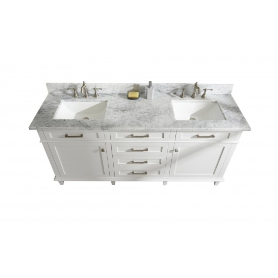 72" White Double Single Sink Vanity Cabinet With Carrara White Top