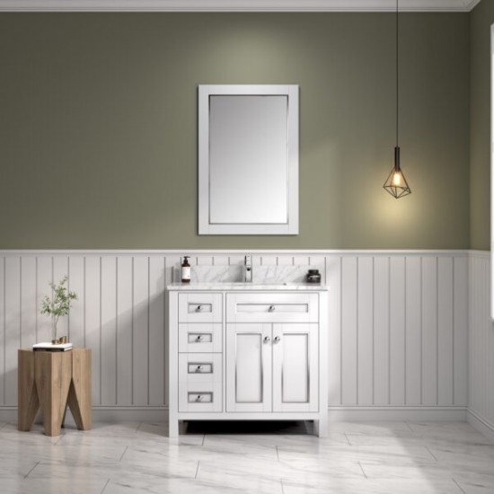 36" White Finish Sink Vanity Cabinet With Carrara White Top