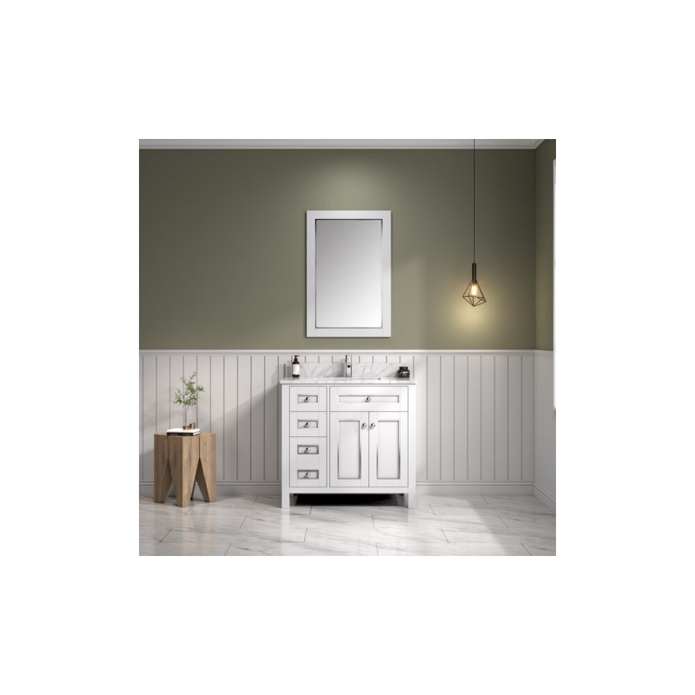 36" White Finish Sink Vanity Cabinet With Carrara White Top