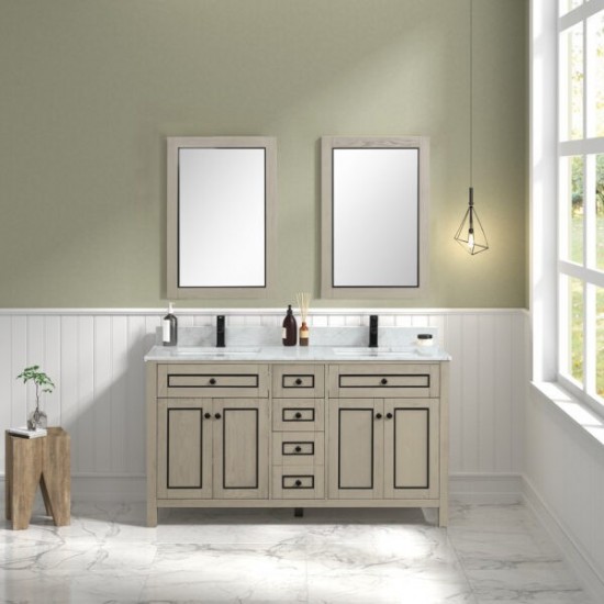 60" Light Oak Finish Sink Vanity Cabinet With Carrara White Top