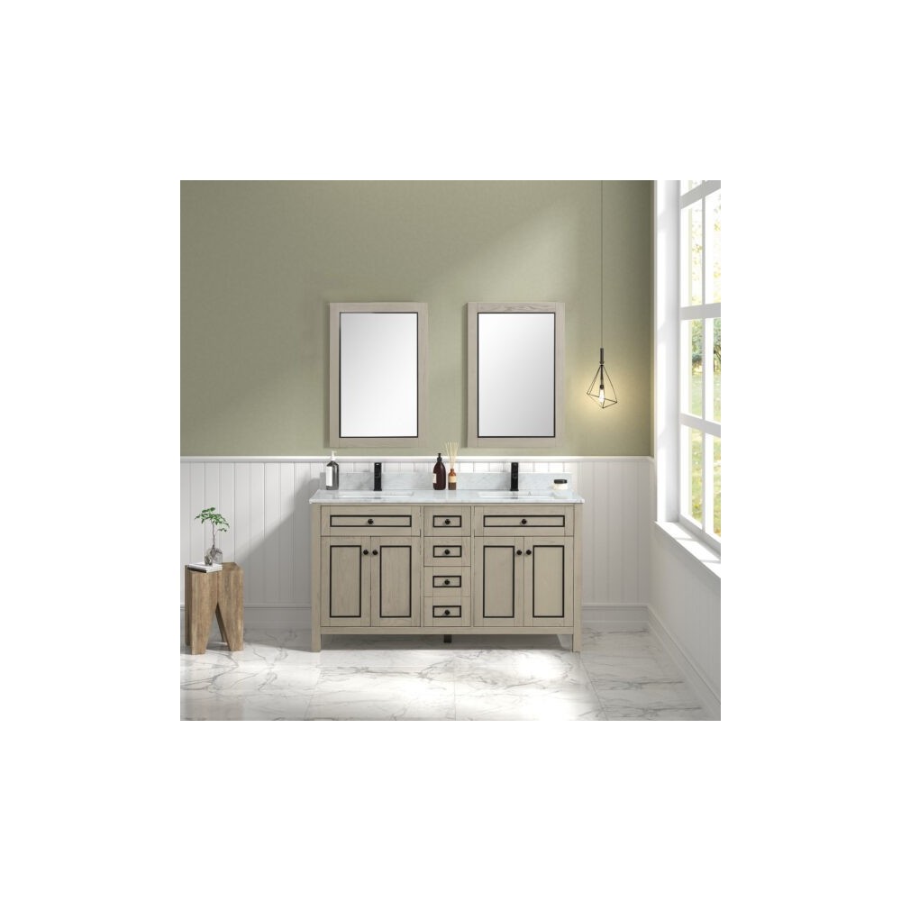 60" Light Oak Finish Sink Vanity Cabinet With Carrara White Top