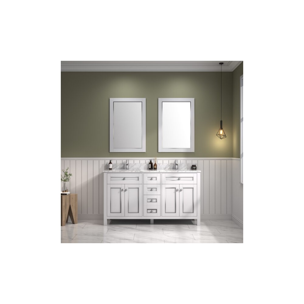 60" White Finish Sink Vanity Cabinet With Carrara White Top