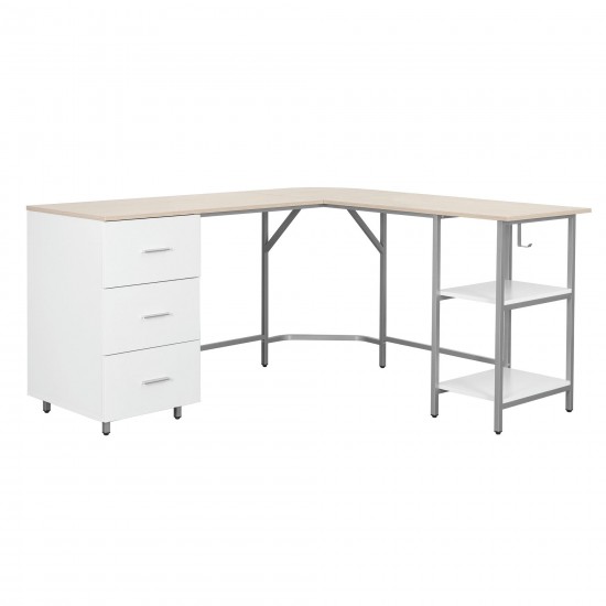 Techni Mobili L-Shape Home Office Two-Tone Desk with Storage, Sand