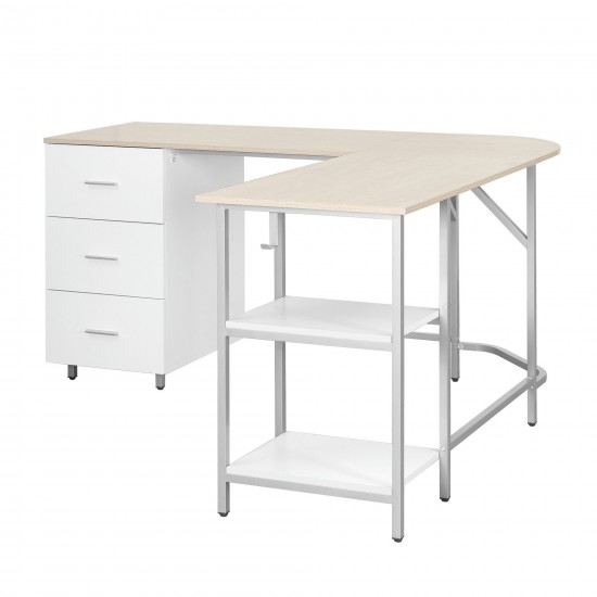 Techni Mobili L-Shape Home Office Two-Tone Desk with Storage, Sand