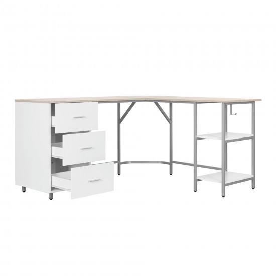 Techni Mobili L-Shape Home Office Two-Tone Desk with Storage, Sand