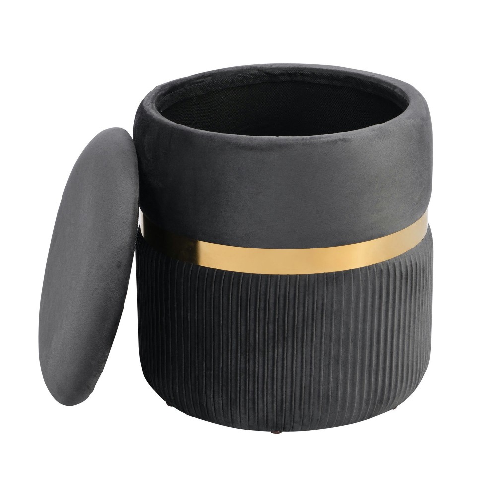 Techni Mobili Modern Velvet Round Ottomans with Storage - Grey, Brushed gold