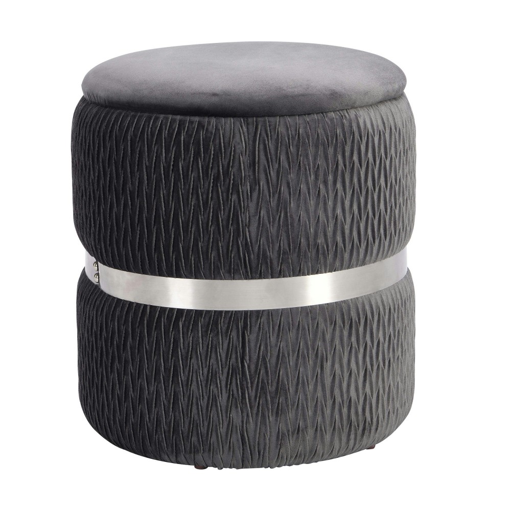 Techni Mobili Modern Velvet Round Ottomans with Storage, Grey - Brushed Silver