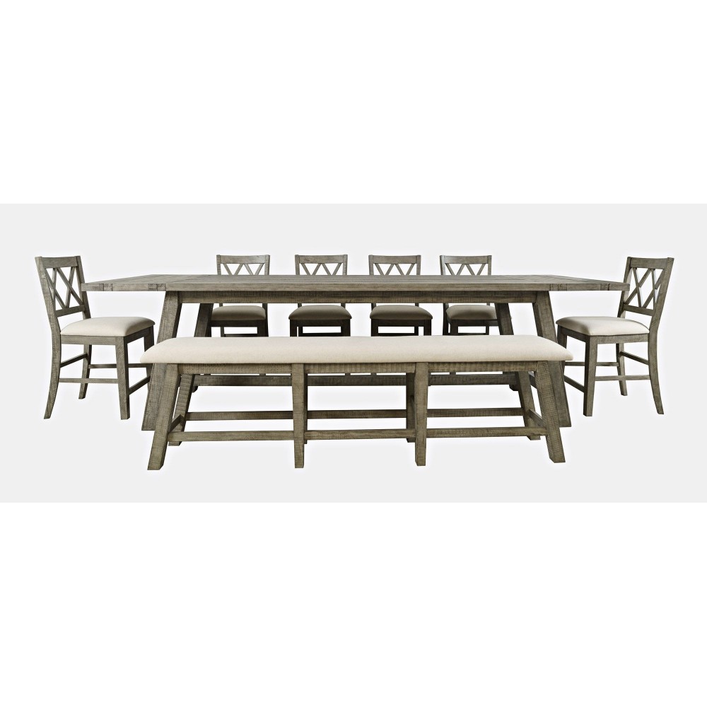 Telluride 8-Piece Distressed Pine 127" Extendable Dining Set with Bench - Grey