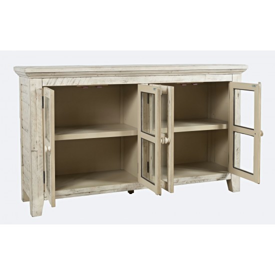 Rustic Shores 54" Coastal Distressed Acacia Four-Door Credenza Cabinet - Cream