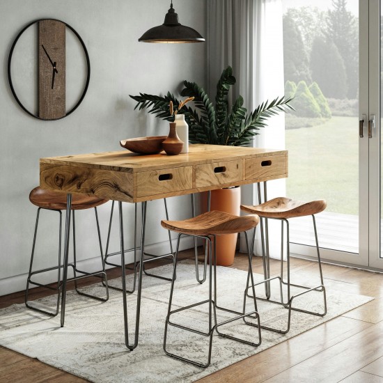 Rollins 52" Solid Acacia Dining Set with Four Backless Barstools