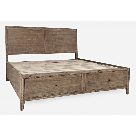 Maxton Coastal Distressed Acacia King Size Bed with Storage Drawers - Wash Brown