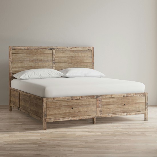 Maxton Coastal Distressed Acacia Queen Size Bed with Storage Drawers - Brown