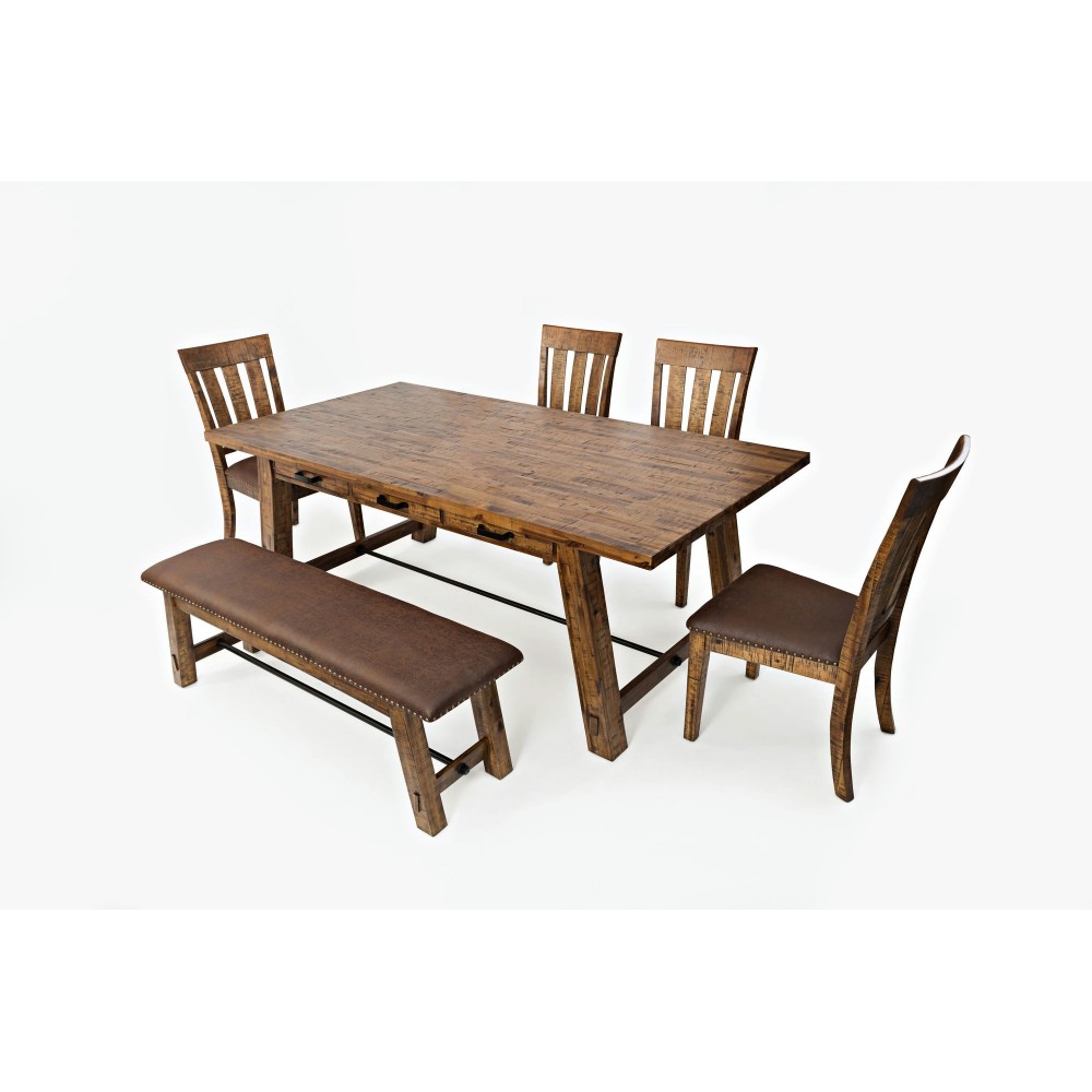 Cannon Valley Rustic Industrial Brown 82" Table + 4 Slat Dining Chairs + Bench