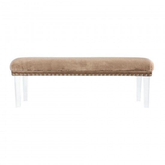 Brianna Modern Luxury Faux Fur Upholstered Bench with Clear Legs - Mink