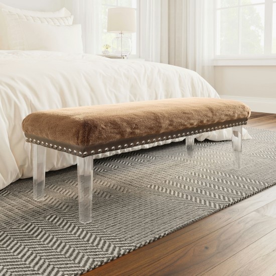 Brianna Modern Luxury Faux Fur Upholstered Bench with Clear Legs - Mink