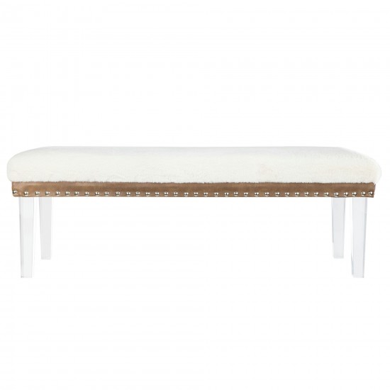 Brianna Modern Luxury Faux Fur Upholstered Bench with Clear Legs - Snow