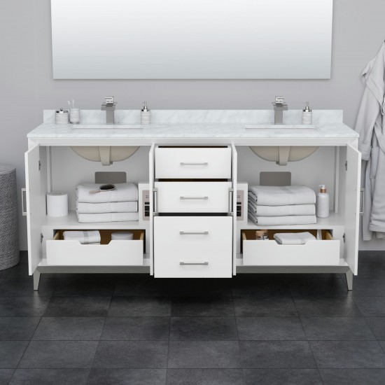 Amici 72 Inch Double Bathroom Vanity in White, No Sink, Satin Bronze Trim