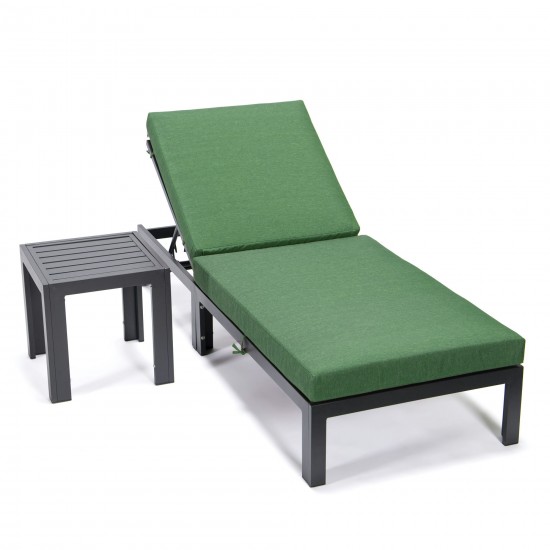 LeisureMod Chelsea Chaise Lounge Chair With Side Table & Cushions, Green