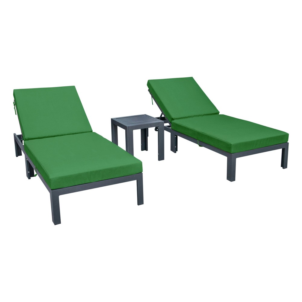 LeisureMod Chelsea Chaise Lounge Chair Set of 2 With Side Table, Cushions, Green