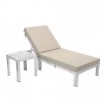 LeisureMod Chelsea Grey Chaise Lounge Chair With Side Table & Cushions, Beige