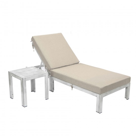 LeisureMod Chelsea Grey Chaise Lounge Chair With Side Table & Cushions, Beige