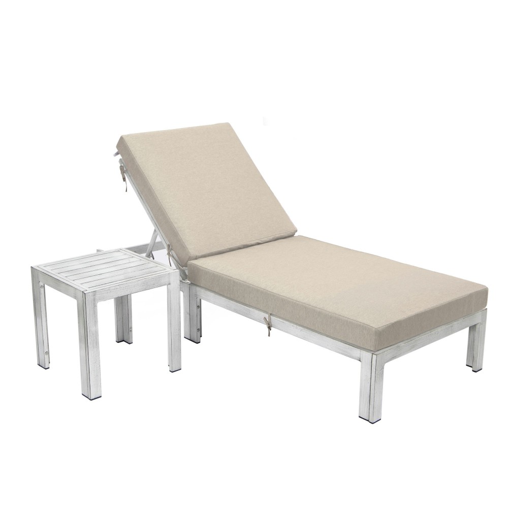 LeisureMod Chelsea Grey Chaise Lounge Chair With Side Table & Cushions, Beige