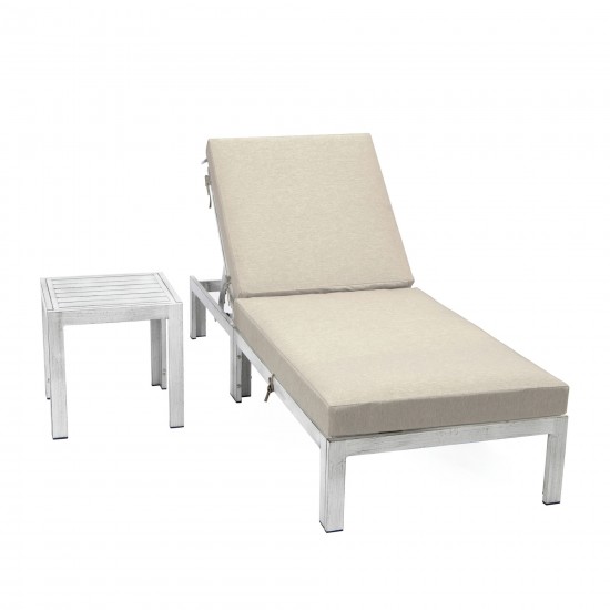 LeisureMod Chelsea Grey Chaise Lounge Chair With Side Table & Cushions, Beige