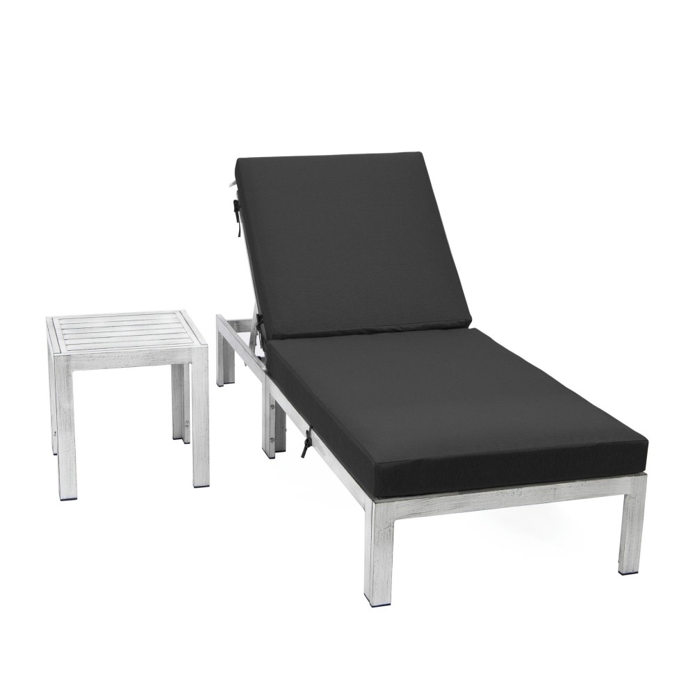 LeisureMod Chelsea Grey Chaise Lounge Chair With Side Table & Cushions, Black