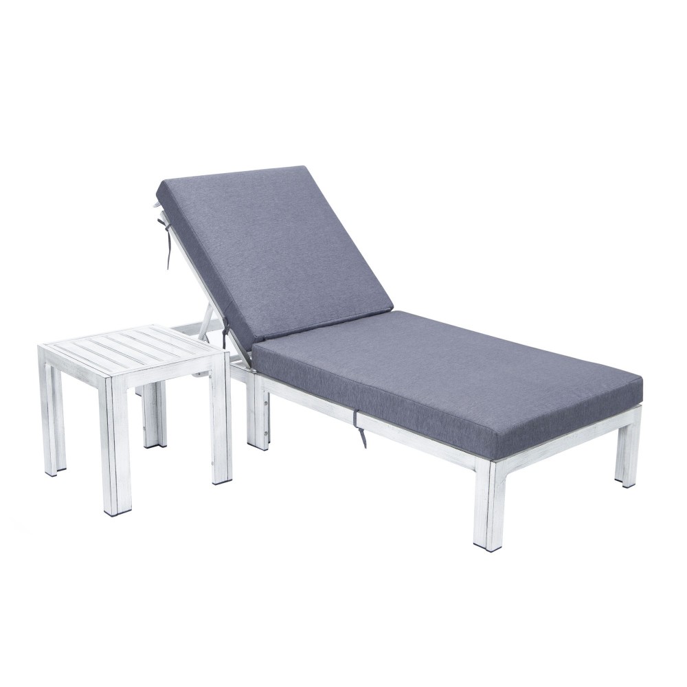 LeisureMod Chelsea Grey Chaise Lounge Chair With Side Table & Cushions, Blue