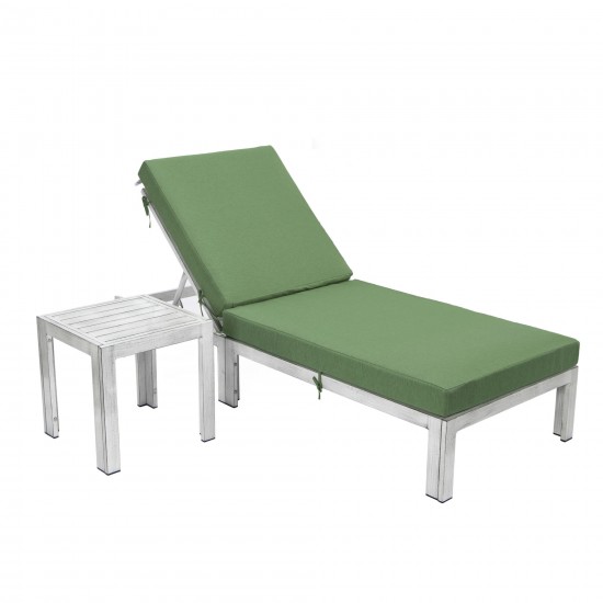 LeisureMod Chelsea Grey Chaise Lounge Chair With Side Table & Cushions, Green