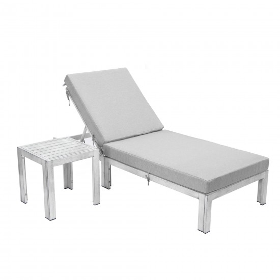 LeisureMod Chelsea Grey Chaise Lounge Chair With Table & Cushions, Light Grey