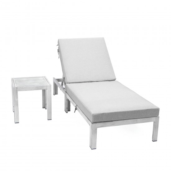 LeisureMod Chelsea Grey Chaise Lounge Chair With Table & Cushions, Light Grey