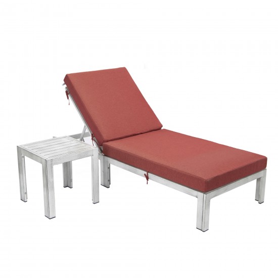 LeisureMod Chelsea Grey Chaise Lounge Chair With Side Table & Cushions, Red