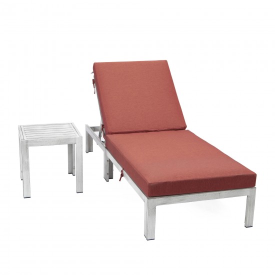 LeisureMod Chelsea Grey Chaise Lounge Chair With Side Table & Cushions, Red