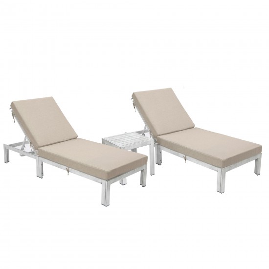 LeisureMod Chelsea Grey Chaise Lounge Chair Set of 2 With Table, Cushions, Beige