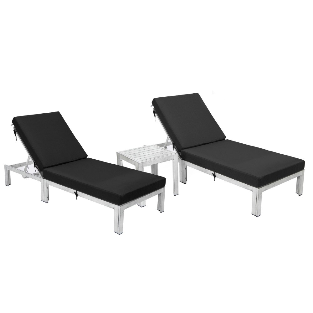 LeisureMod Chelsea Grey Chaise Lounge Chair Set of 2 With Table, Cushions, Black